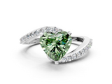 White gold Fancy Green Heart  Solitaire Twist Band with Pave Set Diamonds and Four-Prong Setting