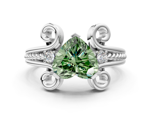 White gold Fancy Green Heart  Solitaire Twisted Band Scroll Prong Ring