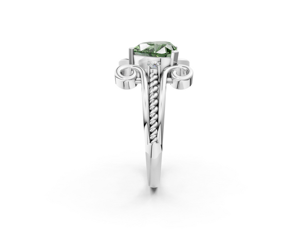White gold Fancy Green Heart  Solitaire Twisted Band Scroll Prong Ring
