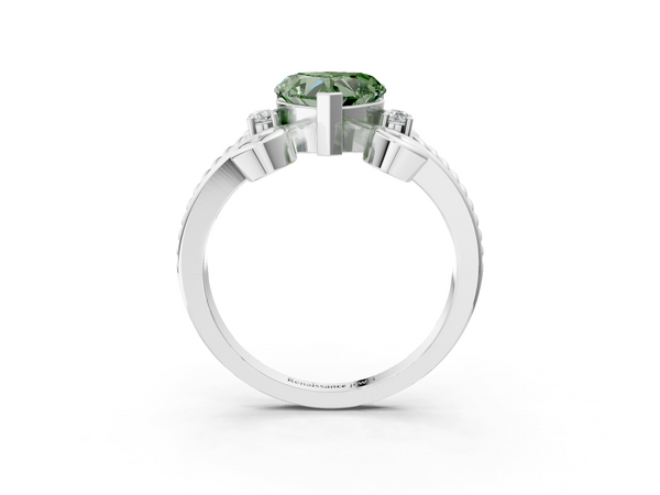 White gold Fancy Green Heart  Solitaire Twisted Band Scroll Prong Ring