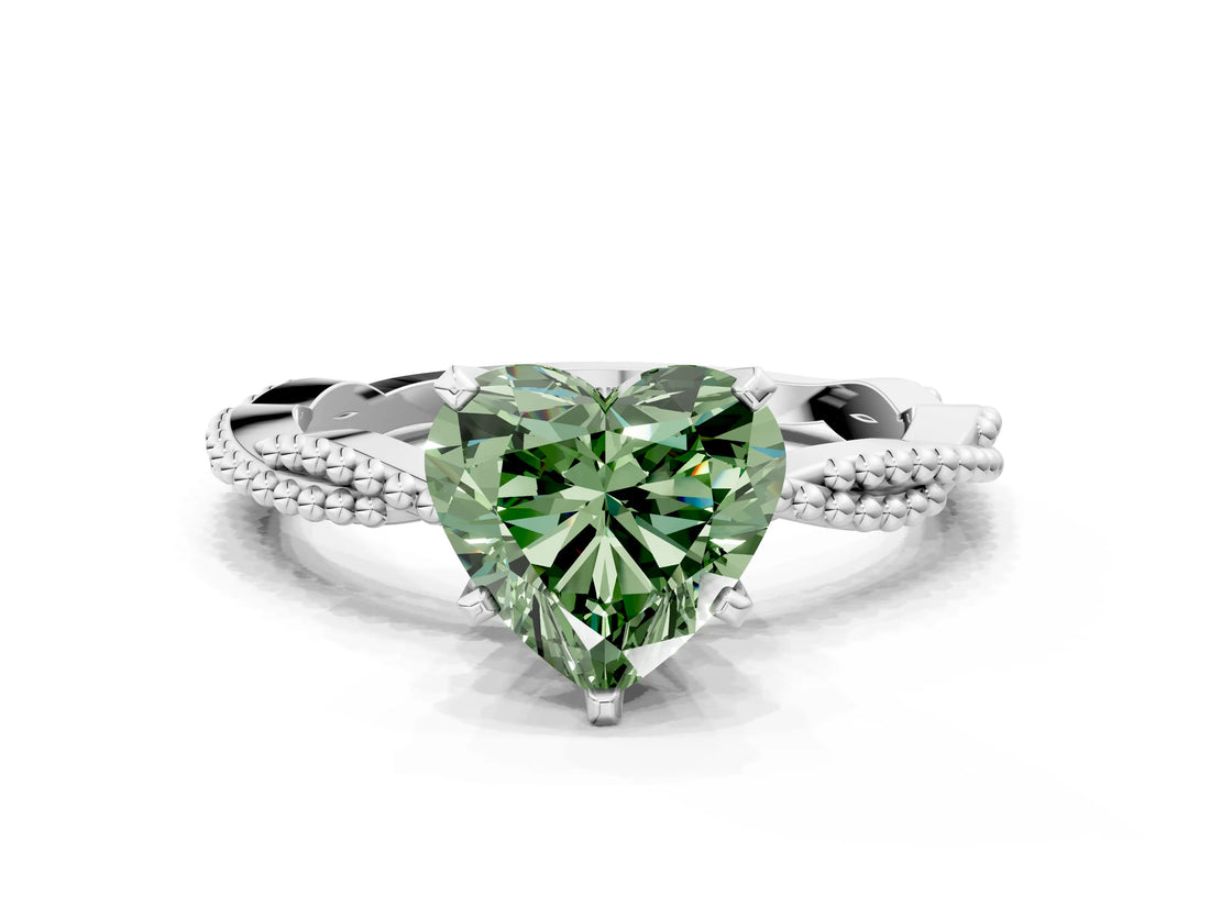 White gold Fancy Green Heart  Solitaire Twisted Band with Bead Prong Setting_44