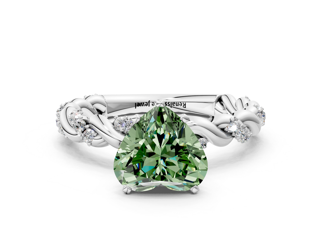 White gold Fancy Green Heart  Solitaire Twisted Band with Pavé Accents and Four-Prong Setting
