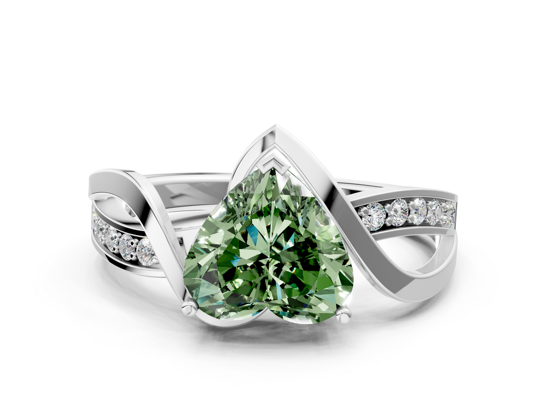 White gold Fancy Green Heart  Solitaire Twisted Band with Prong Setting_3