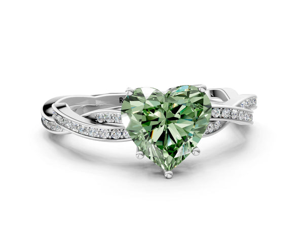 White gold Fancy Green Heart  Solitaire Twisted Pave Diamond Ring with Four-Prong Setting