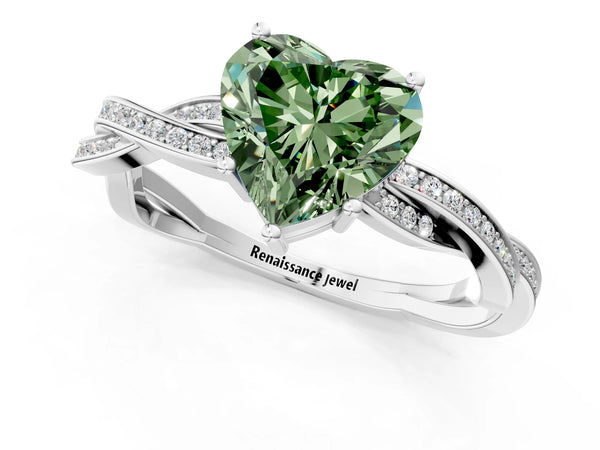 White gold Fancy Green Heart  Solitaire Twisted Pave Diamond Ring with Four-Prong Setting