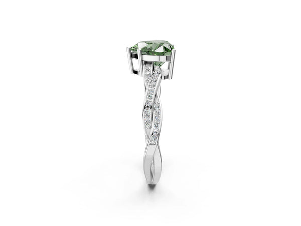 White gold Fancy Green Heart  Solitaire Twisted Pave Diamond Ring with Four-Prong Setting
