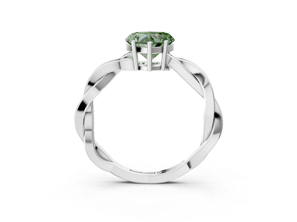 White gold Fancy Green Heart  Solitaire Twisted Pave Diamond Ring with Four-Prong Setting