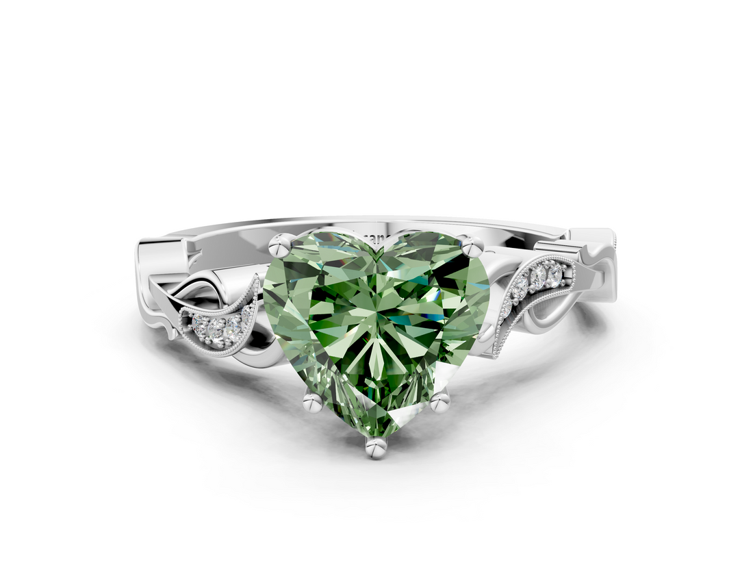 White gold Fancy Green Heart  Solitaire Vine Band with Milgrain Prong Setting_3