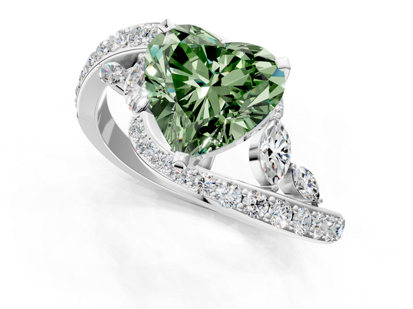 White gold Fancy Green Heart  Solitaire with Pavé Twist Band and Four-Prong Setting