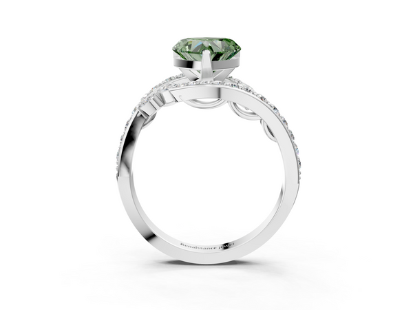 White gold Fancy Green Heart  Solitaire with Pavé Twist Band and Four-Prong Setting