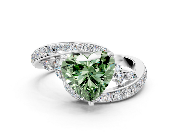 White gold Fancy Green Heart  Solitaire with Pavé Twist Band and Four-Prong Setting