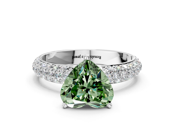 Platinum Fancy Green Heart  Diamond Solitaire Ring with Prong Setting and Pavé Band
