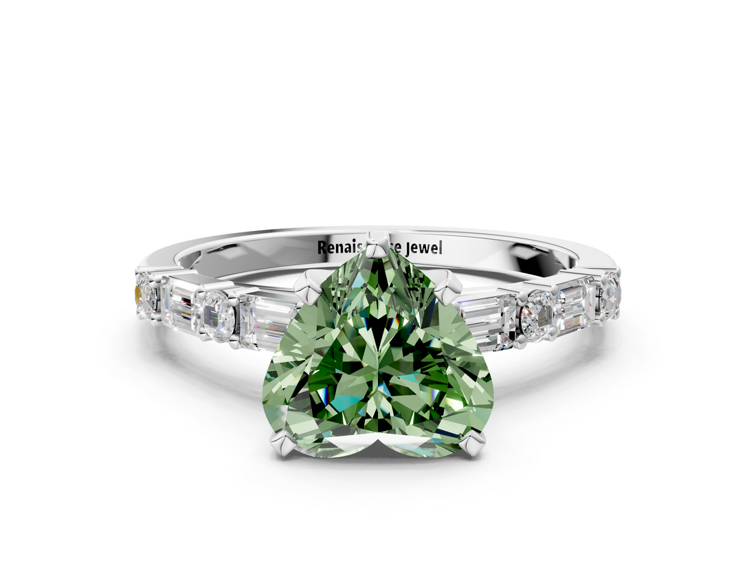 White gold Fancy Green Heart  Solitaire with Side Baguettes and Channel Set Band