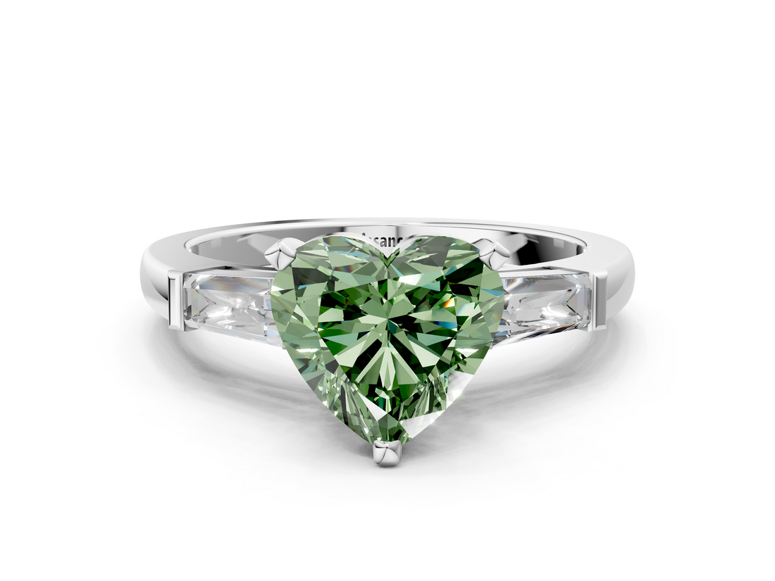 White gold Fancy Green Heart  Solitaire with Tapered Baguette Side Stones on a Classic Band with Four-Prong Setting