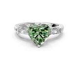 White gold Fancy Green Heart  Solitaire with Tapered Baguette Side Stones on a Classic Band with Four-Prong Setting