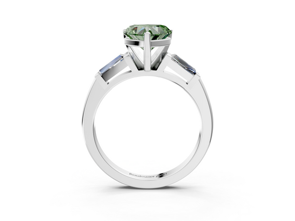 Platinum Fancy Green Heart  Solitaire with Tapered Baguette Side Stones on a Classic Band with Four-Prong Setting