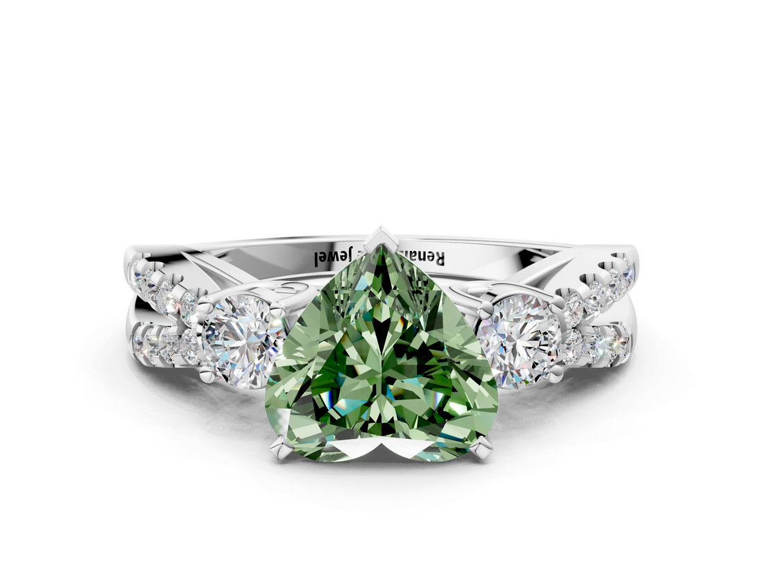 White gold Fancy Green Heart  Three-Stone Diamond Ring with Pavé Split Shank and Four-Prong Setting
