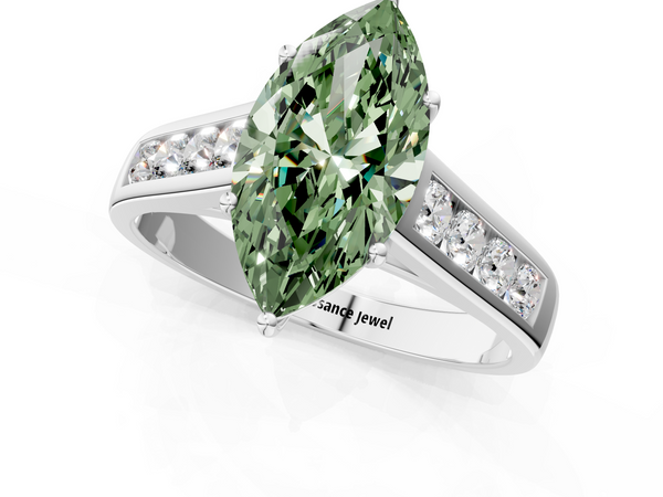 Platinum Fancy Green Marquise  Brilliant Channel-Set Solitaire Ring with Four-Prong Setting