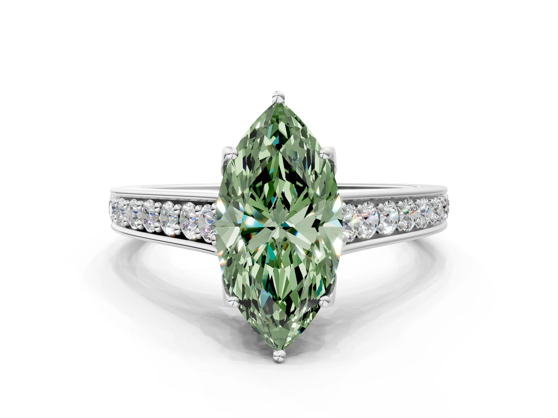 White gold Fancy Green Marquise  Brilliant Cut Diamond Engagement Ring with Pavé Band and Four-Prong Setting_49