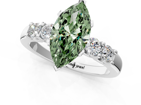 Platinum Fancy Green Marquise  Brilliant Cut Diamond Five-Stone Prong Set Engagement Ring with Channel Band