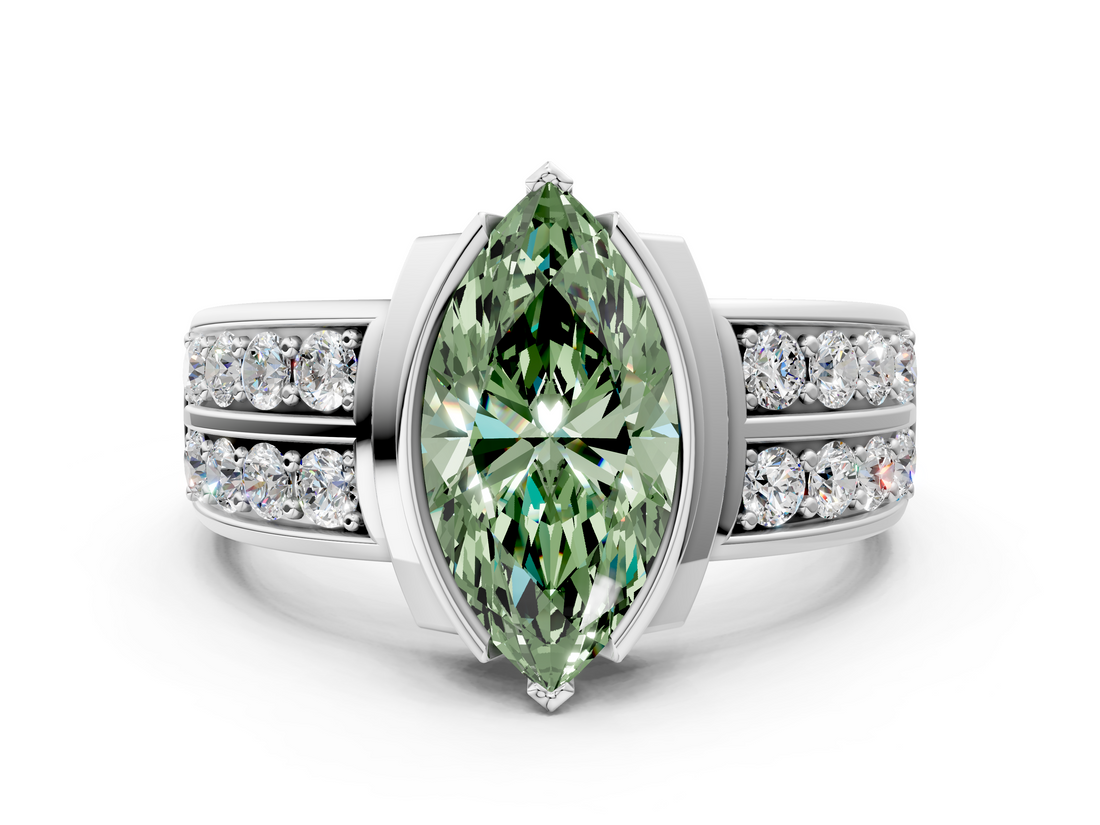 White gold Fancy Green Marquise  Brilliant Diamond Channel Set Wide Band Ring with Bezel Setting_37