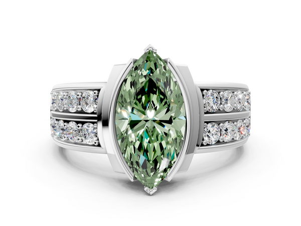 White gold Fancy Green Marquise  Brilliant Diamond Channel Set Wide Band Ring with Bezel Setting