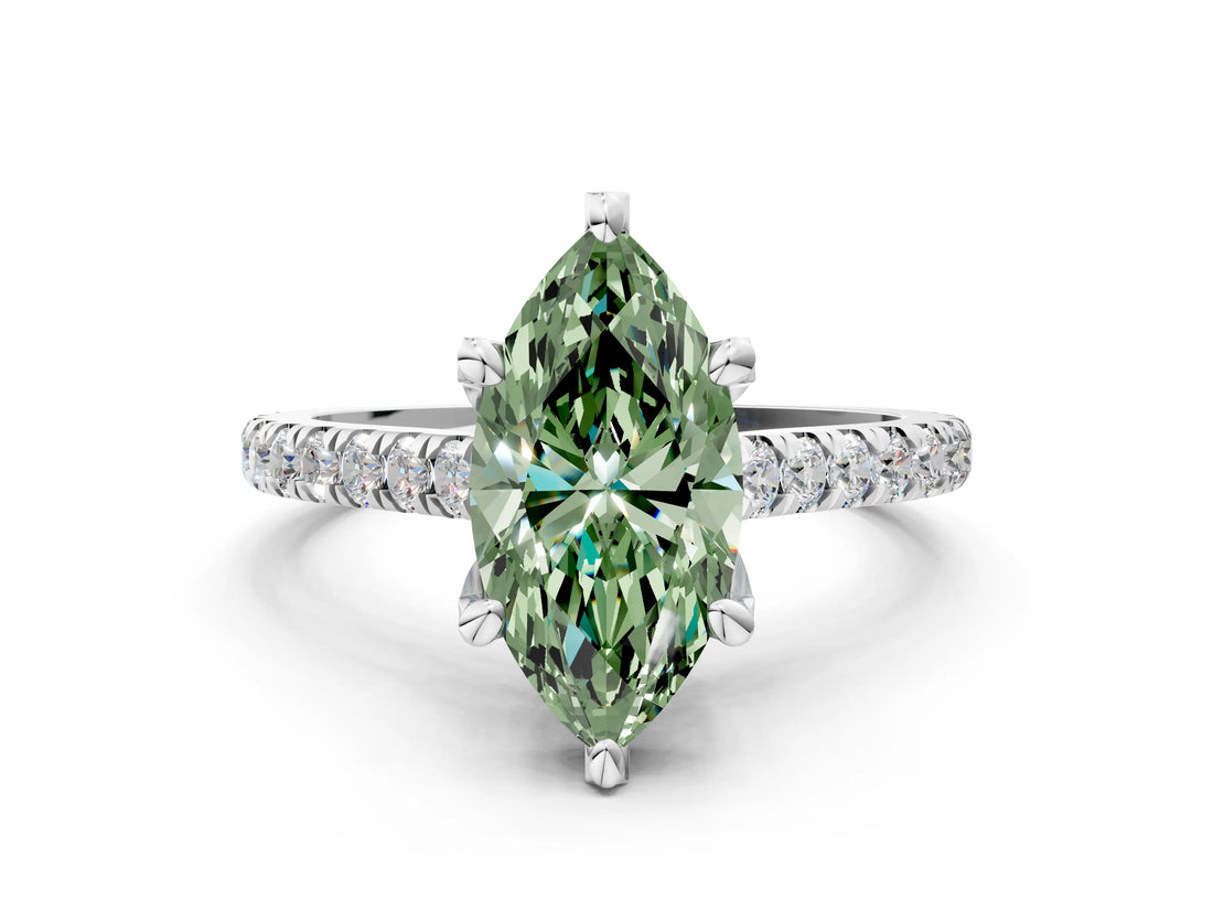 White gold Fancy Green Marquise  Brilliant Diamond Solitaire with Pavé Band and Four-Prong Setting 1