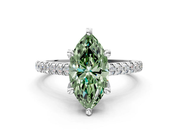 White gold Fancy Green Marquise  Brilliant Diamond Solitaire with Pavé Band and Four-Prong Setting