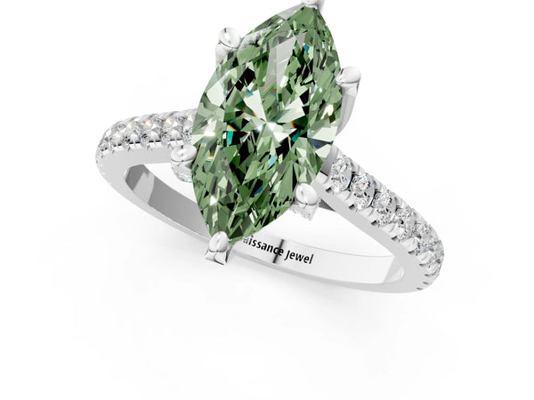 White gold Fancy Green Marquise  Brilliant Diamond Solitaire with Pavé Band and Four-Prong Setting