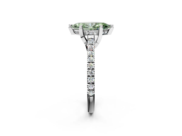White gold Fancy Green Marquise  Brilliant Diamond Solitaire with Pavé Band and Four-Prong Setting