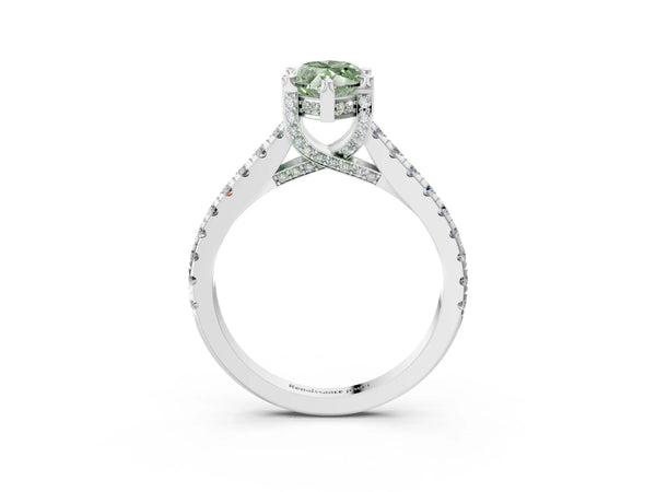 White gold Fancy Green Marquise  Brilliant Diamond Solitaire with Pavé Band and Four-Prong Setting