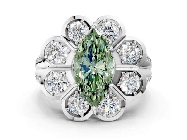 Platinum Fancy Green Marquise  Brilliant Flower Halo Diamond Split Shank Ring