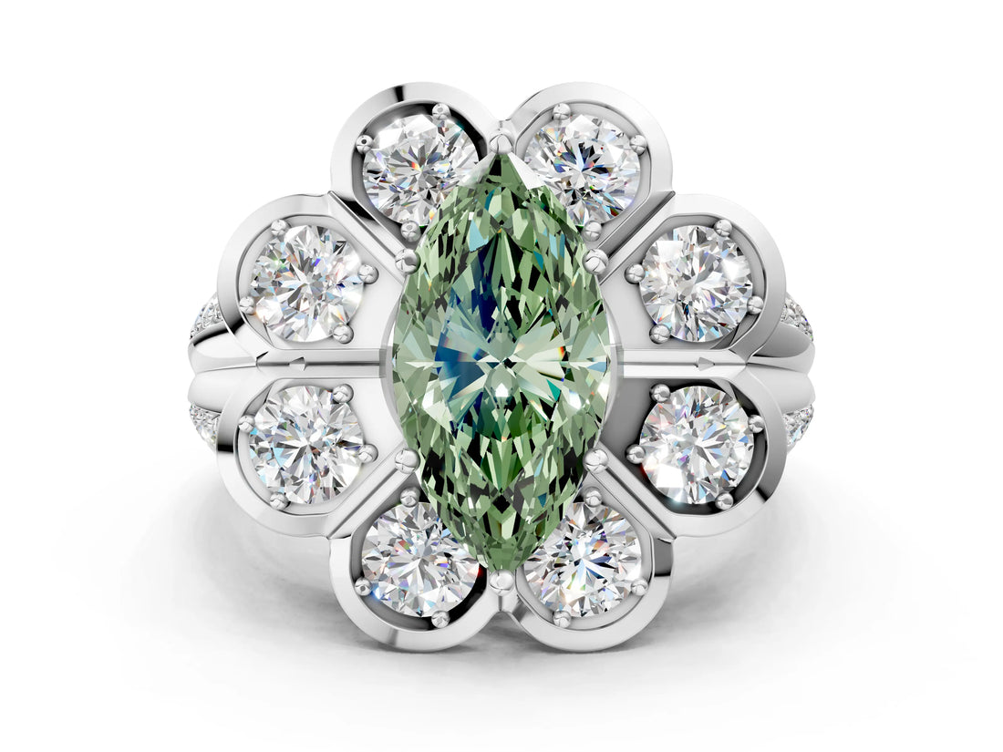 White gold Fancy Green Marquise  Brilliant Flower Halo Diamond Split Shank Ring_87