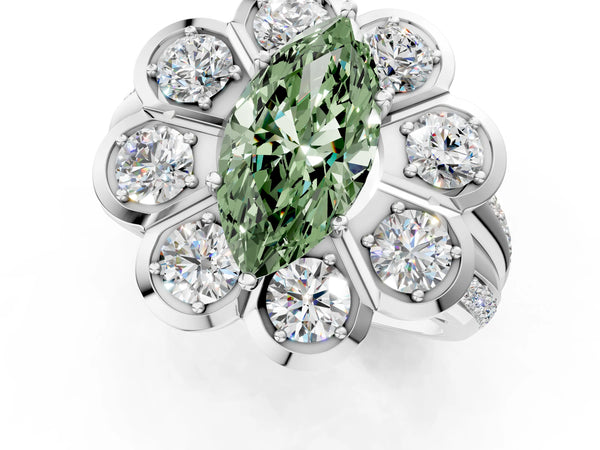 Platinum Fancy Green Marquise  Brilliant Flower Halo Diamond Split Shank Ring