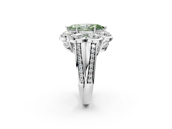 Platinum Fancy Green Marquise  Brilliant Flower Halo Diamond Split Shank Ring