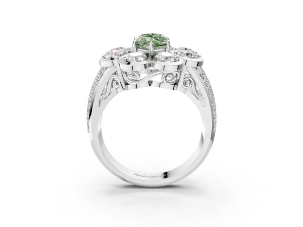 Platinum Fancy Green Marquise  Brilliant Flower Halo Diamond Split Shank Ring