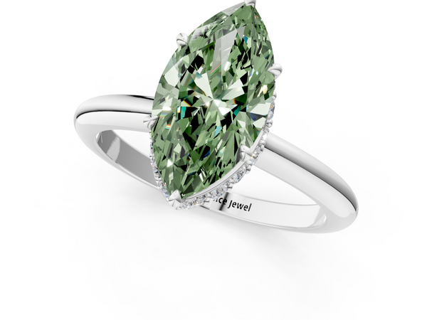 Platinum Fancy Green Marquise  Brilliant Solitaire Engagement Ring with Six-Prong Setting and Classic Band