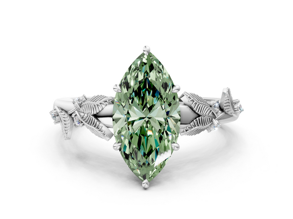 White gold Fancy Green Marquise Cut Diamond Solitaire Ring with Leaf Motif Band and Four-Prong Setting