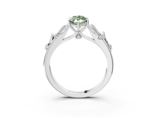 White gold Fancy Green Marquise Cut Diamond Solitaire Ring with Leaf Motif Band and Four-Prong Setting