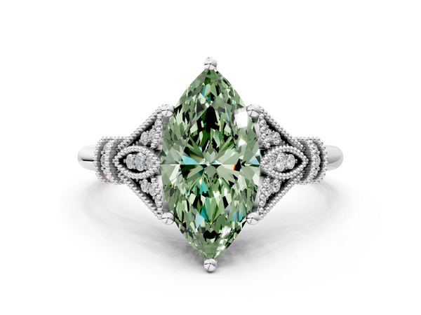 White gold Fancy Green Marquise  Diamond Solitaire Ring with Floral Filigree and Pave Accents