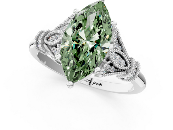 White gold Fancy Green Marquise  Diamond Solitaire Ring with Floral Filigree and Pave Accents