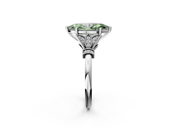 White gold Fancy Green Marquise  Diamond Solitaire Ring with Floral Filigree and Pave Accents