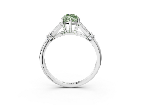 White gold Fancy Green Marquise  Diamond Solitaire Ring with Floral Filigree and Pave Accents