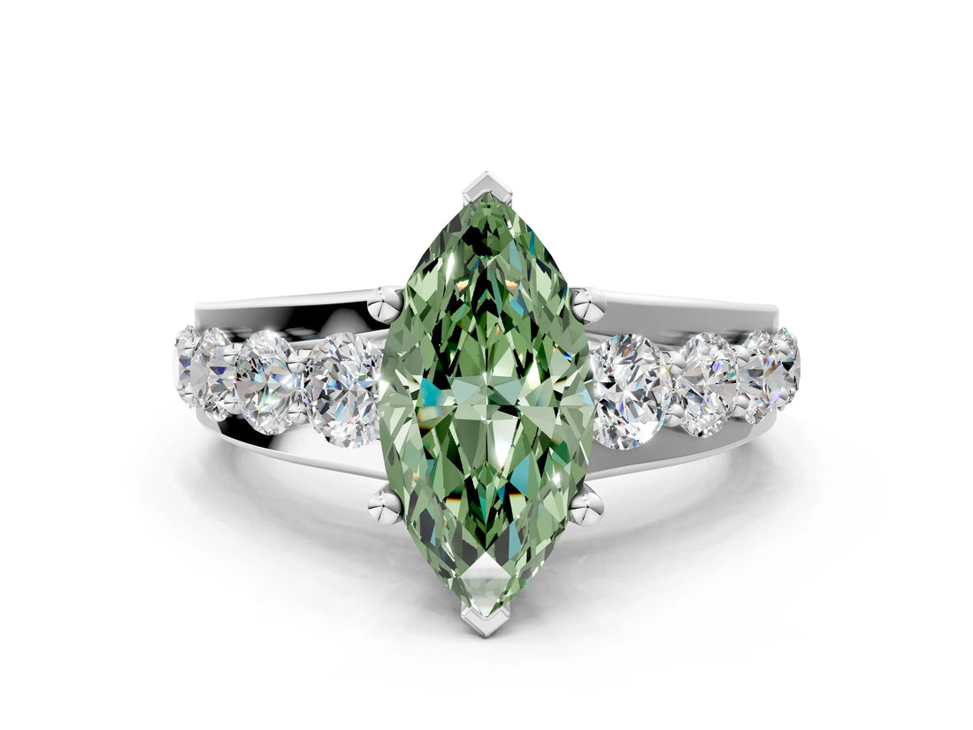 White gold Fancy Green Marquise  Brilliant Solitaire with Side Stones on a Pave Band and Four-Prong Setting_78