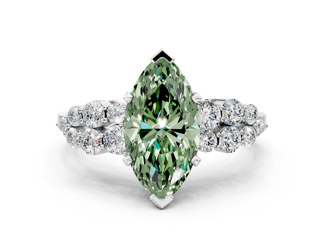 White gold Fancy Green Marquise  Cluster Diamond Engagement Ring with Pavé Band and Four-Prong Setting_41