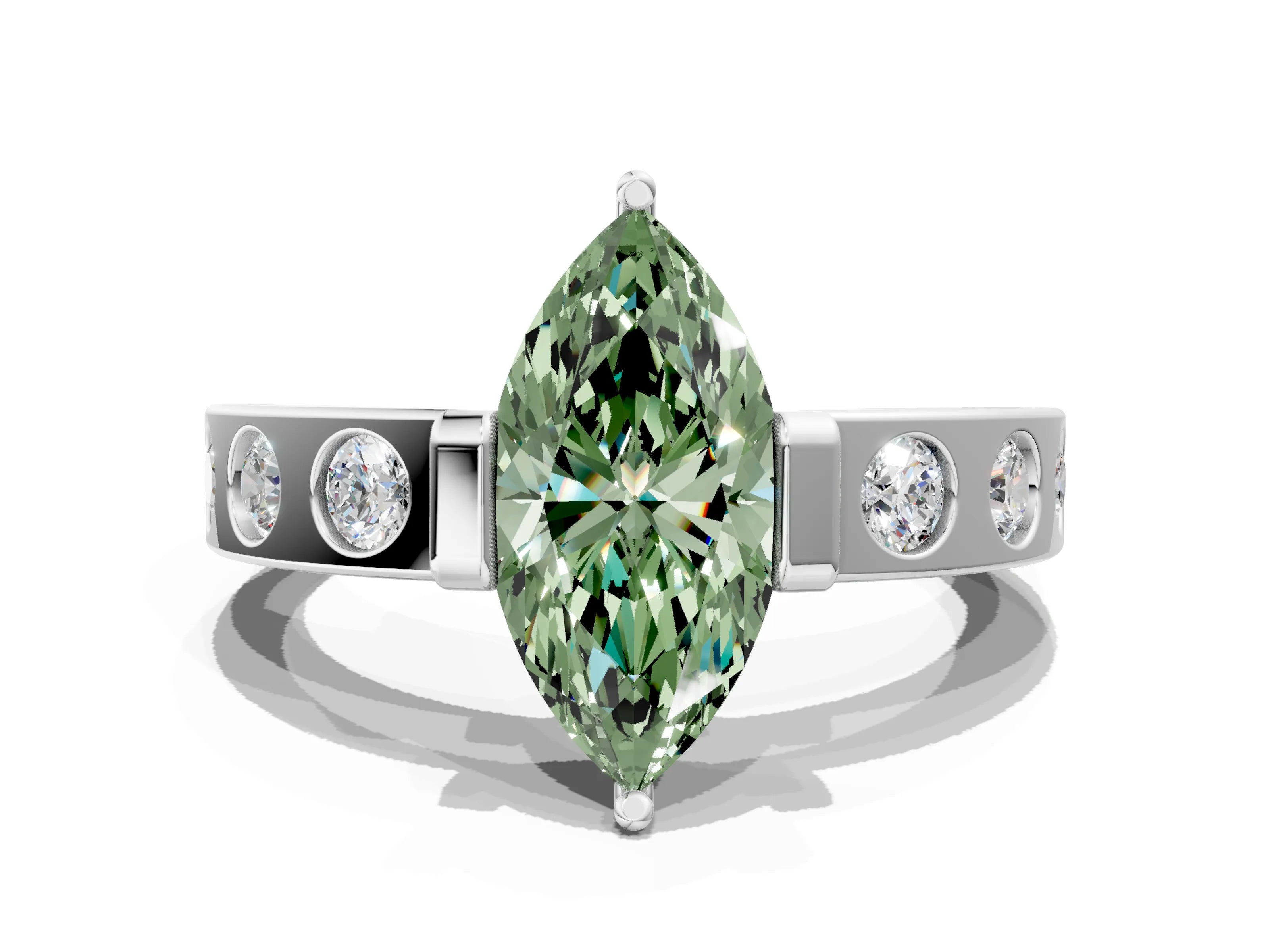 White gold Fancy Green Marquise Cut Brilliant Channel-Set Diamond Ring with Bezel Prong Setting