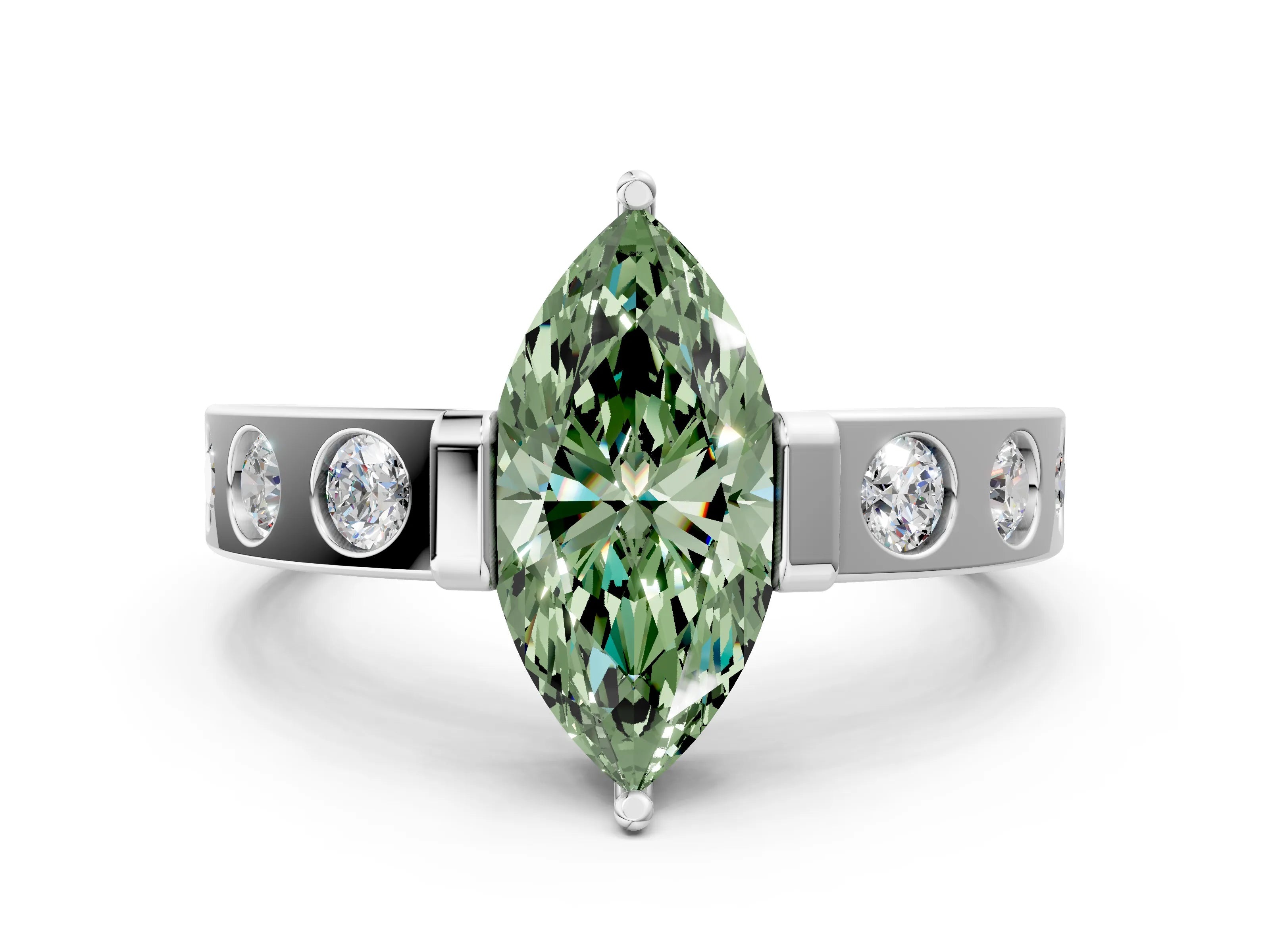 White gold Fancy Green Marquise Cut Brilliant Channel-Set Diamond Ring with Bezel Prong Setting_12