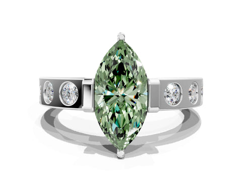 White gold Fancy Green Marquise Cut Brilliant Channel-Set Diamond Ring with Bezel Prong Setting