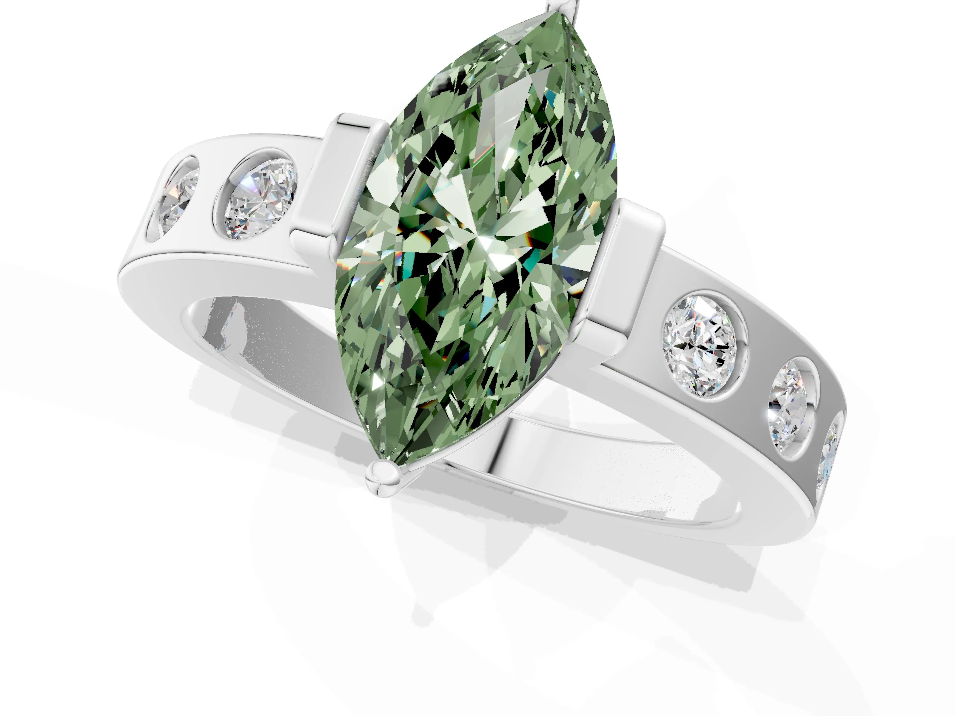 White gold Fancy Green Marquise Cut Brilliant Channel-Set Diamond Ring with Bezel Prong Setting_1