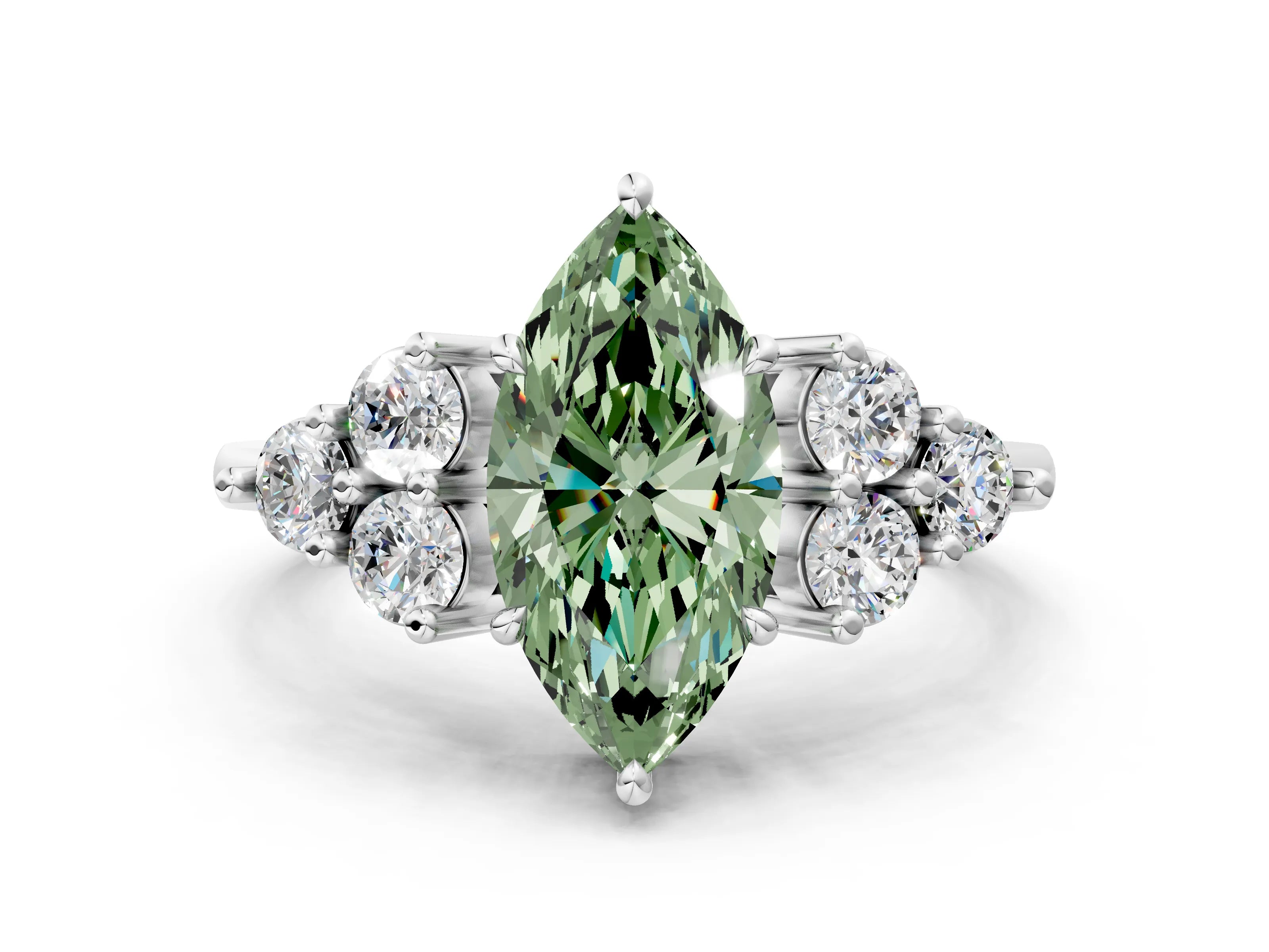 White gold Fancy Green Marquise Cut Brilliant Diamond Cluster Accent Solitaire Ring with Prong Setting_18